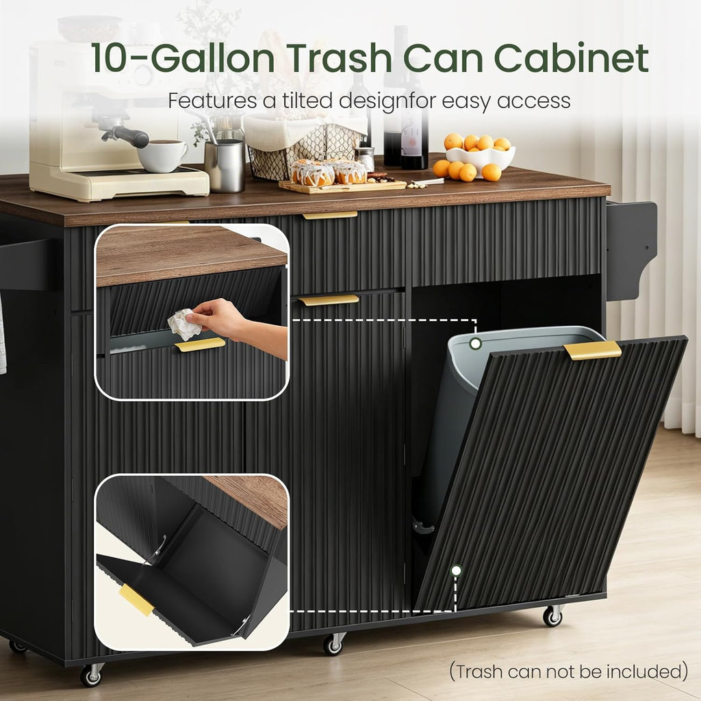 CHOEZON Mobile Kitchen Island with Folding Drop Leaf Countertop, Rolling Kitchen Island Cart with Trash Can Storage, Drawers, Adjustable Shelf, Spice Rack, Towel Bar, for Kitchen, Black and Walnut