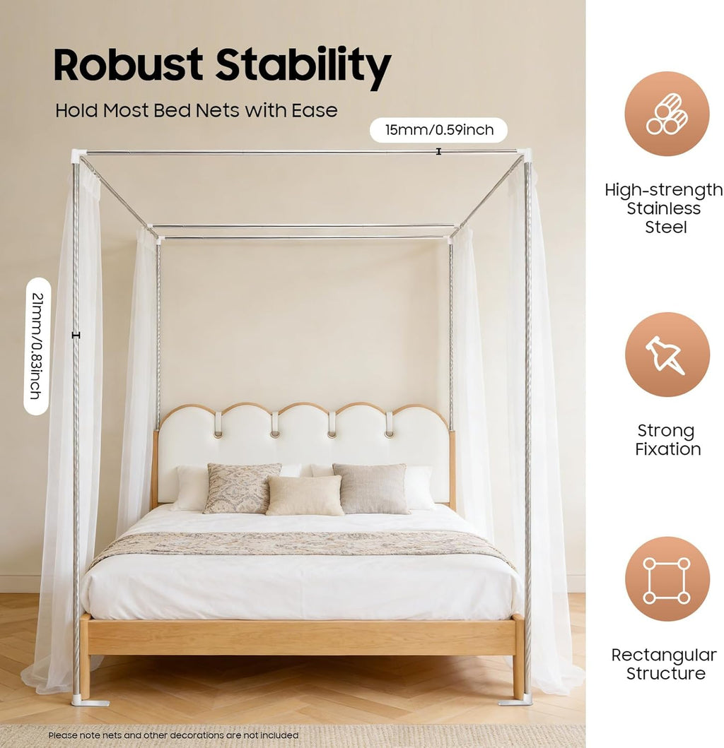 Canopy Bed Frame, Bed Canopy Frame Poles Corner Bracket, Post 4 Corner Bed Poles Netting Bracket Stainless Steel Silver Post with Accessories(King)