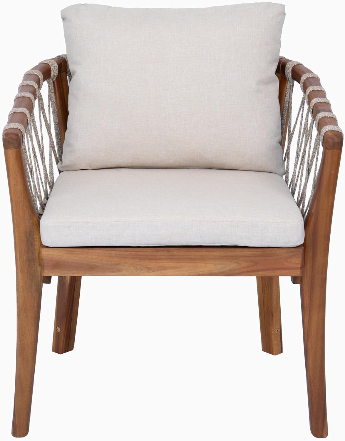 Elountik Patio Dining Chairs Set of 2, Acacia Wood Frame with Teak Finish, Multi Brown Rope Weave, Water Repellent Beige Cushion for Backyard Garden Balcony