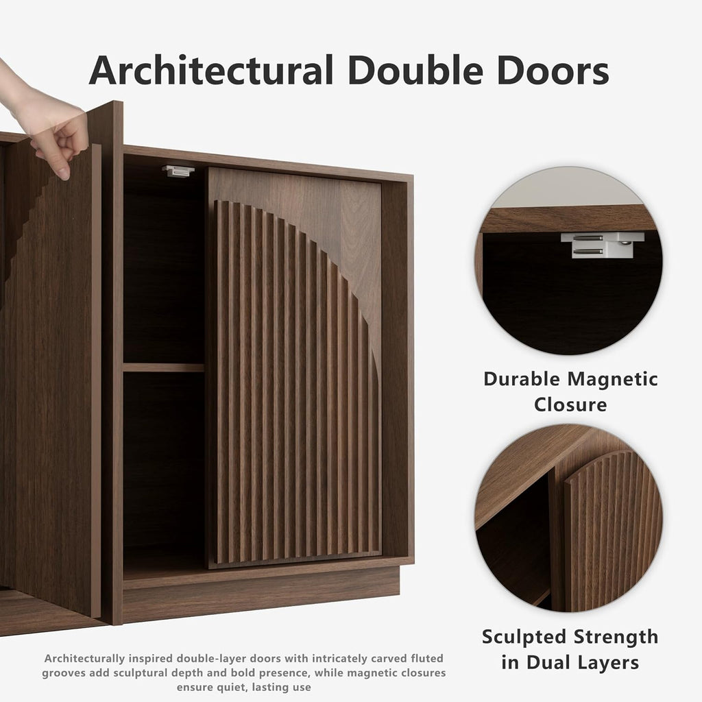 win2win Fluted Sideboard Buffet Cabinet with Storage, 65" Mid Century Modern Accent Cabinet with Double-Layered Arch Doors,Wood Media TV Console Table Credenza for Living Room Hallway Entryway,Walnut