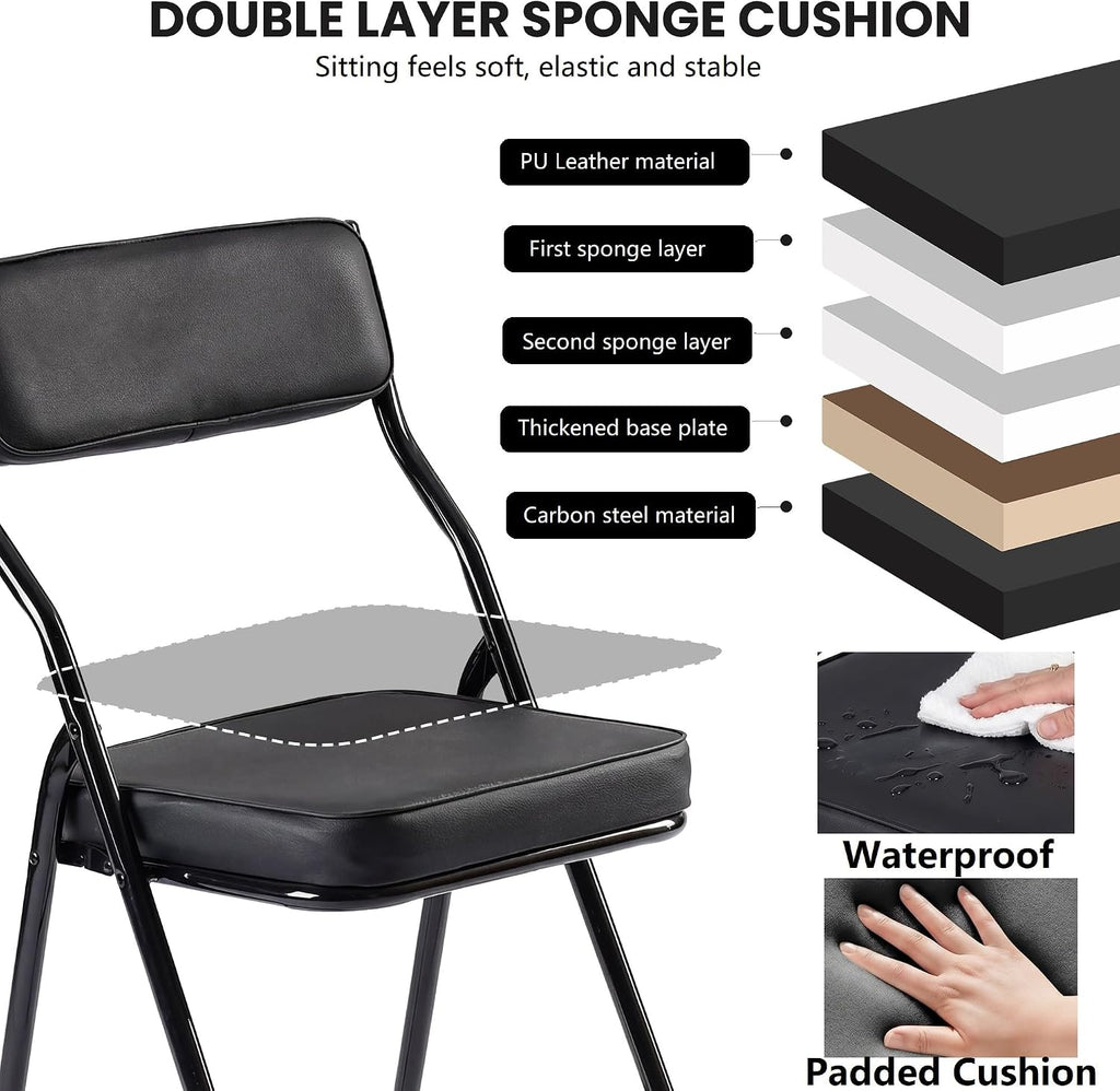 2 Pack Black Padded Folding Chairs, PU Leather Foldable Chairs with Thickened Cushion Seat & Back, Steel Frame Portable Reception Chair for Home Office Indoor Outdoor Commercial Events