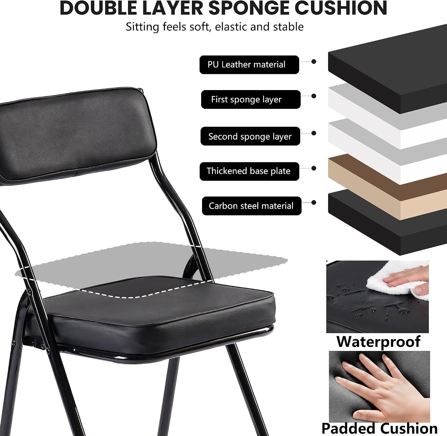 2 Pack Black Padded Folding Chairs, PU Leather Foldable Chairs with Thickened Cushion Seat & Back, Steel Frame Portable Reception Chair for Home Office Indoor Outdoor Commercial Events