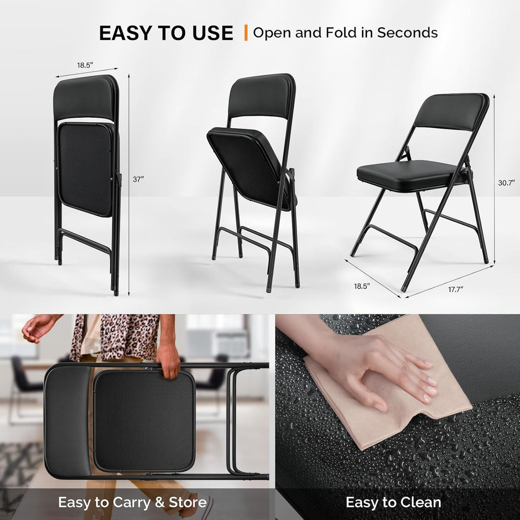 VINGLI Padded Folding Chairs with Thick Seat Cushion, Portable, Durable & Extra Comfortable Foldable Chairs for Indoor & Outdoor Events, Banquet, Party, Dinning, Work, Craft, PU, Black, 1 Pack