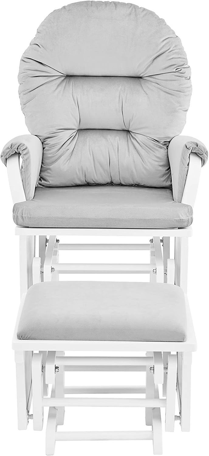 Glider and Ottoman White Wood and Gray Fabric