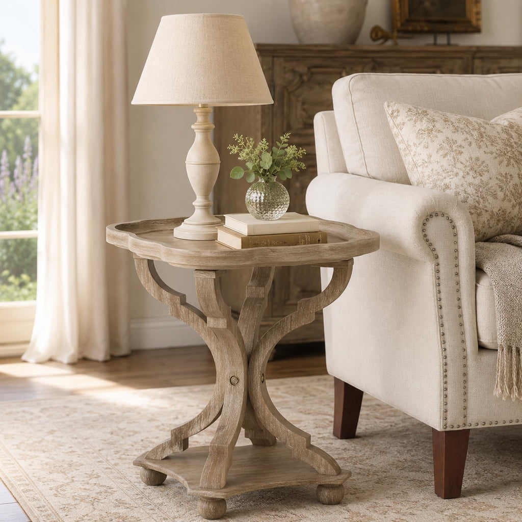French Country Accent Table, Farmhouse Side Table (Natural B) | 19 Inch Fir Wood Piece with Lipped Rectangular Top, Hourglass Base for Living Room and Bedroom