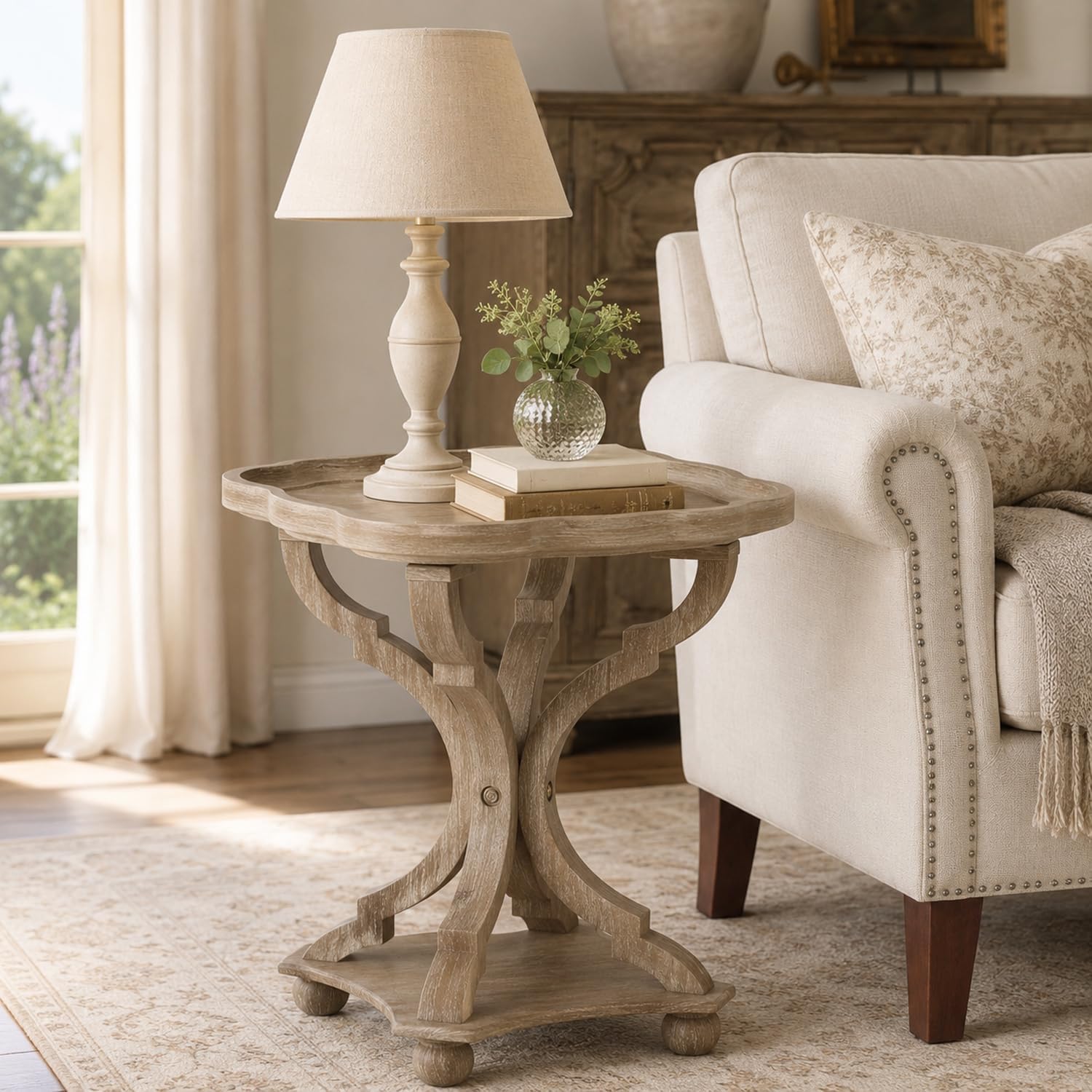 French Country Accent Table, Farmhouse Side Table (Natural B) | 19 Inch Fir Wood Piece with Lipped Rectangular Top, Hourglass Base for Living Room and Bedroom