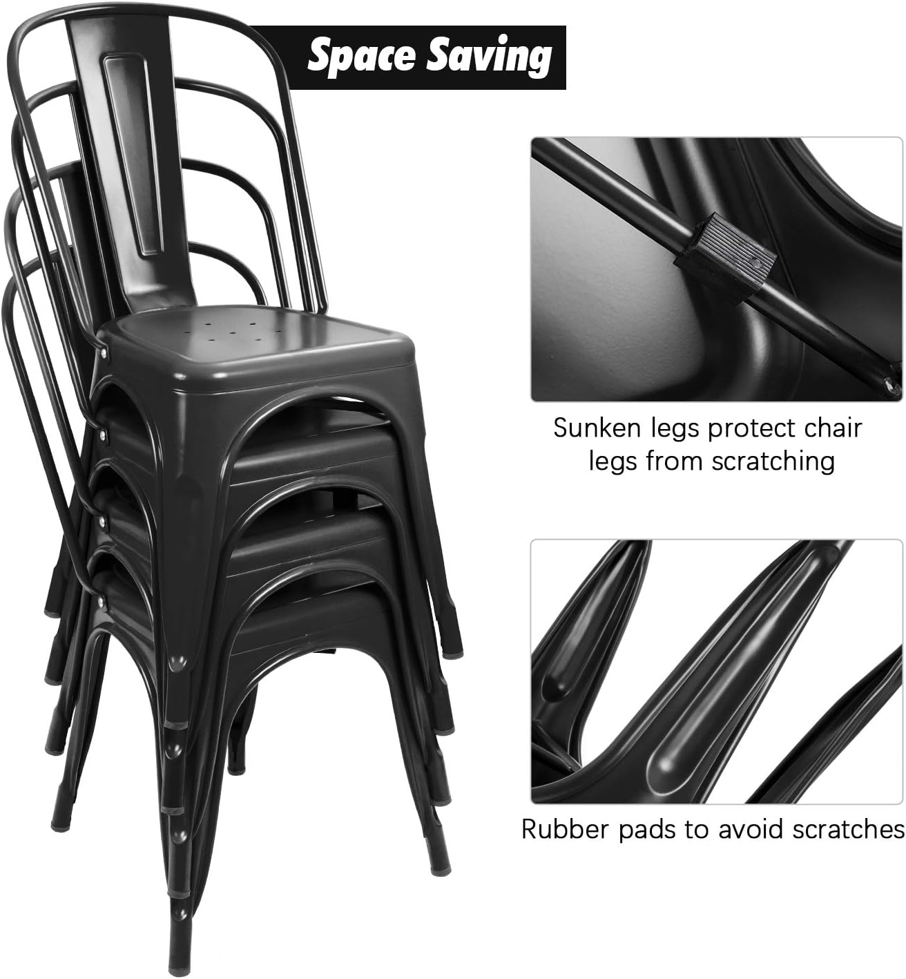 Flamaker Metal Dining Chairs Indoor-Outdoor Use Stackable Side Chairs with Back Industrial Kitchen Classic Trattoria Chair Set of 4 (Black)