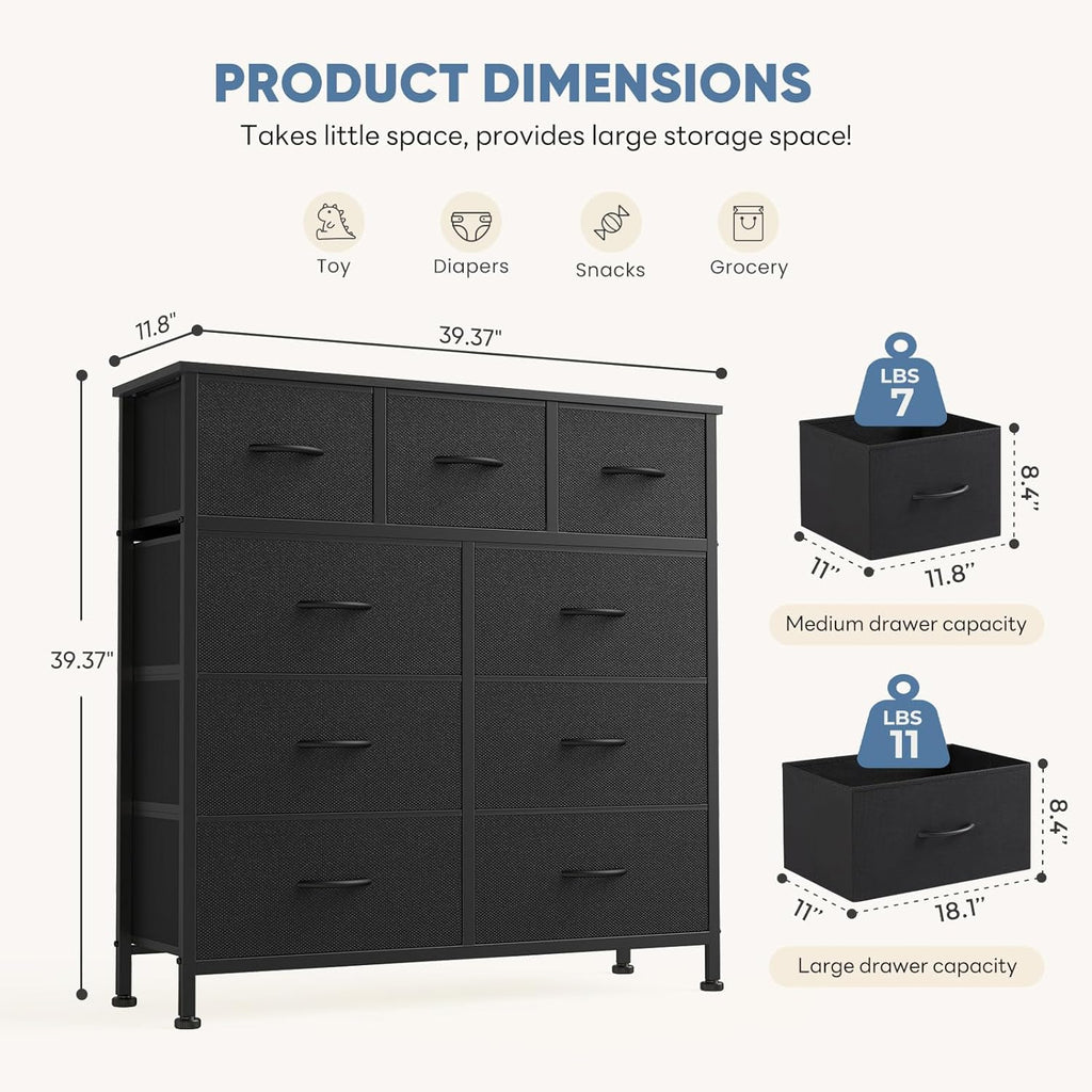 DUMOS 9 Drawer Dresser for Bedroom, Chest of Drawers | Fabric Storage Organizer, Sturdy Metal Frame Wooden Top, Closet Entryway Guest Room, Matte Black