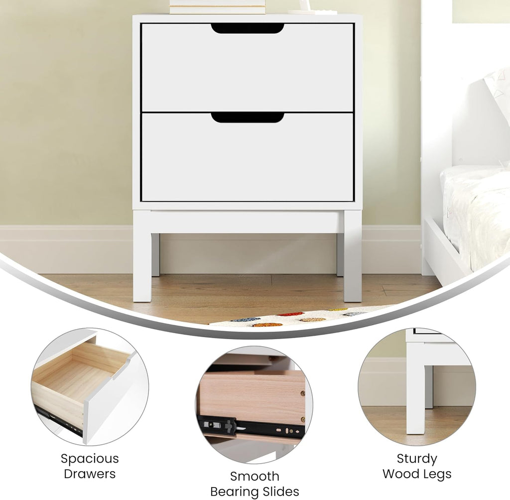 Flash Furniture Dallas Wood Nightstand Side Table, Kids Bedroom End Table with 2 Storage Drawers, Cutout Handles, Smooth Ball Bearing Slides, White