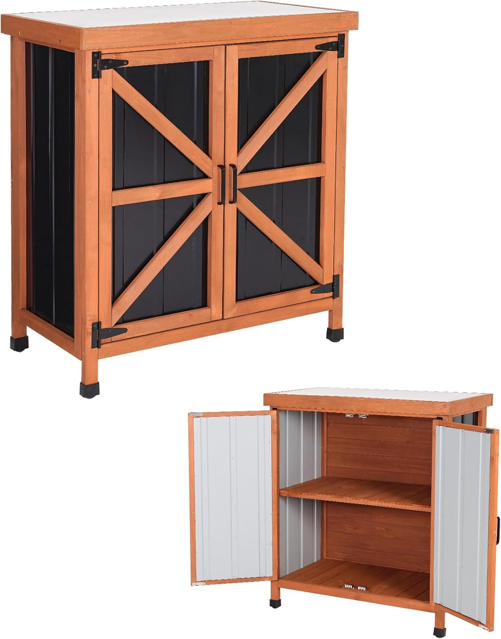 Outdoor Storage Cabinet, 31.5"×17.7"×33.3" in Wood Garden Tool Shed with Rustproof Metal Top, Potting Bench for Patio, Backyard, Pool & Garage, Organizer with Shelves