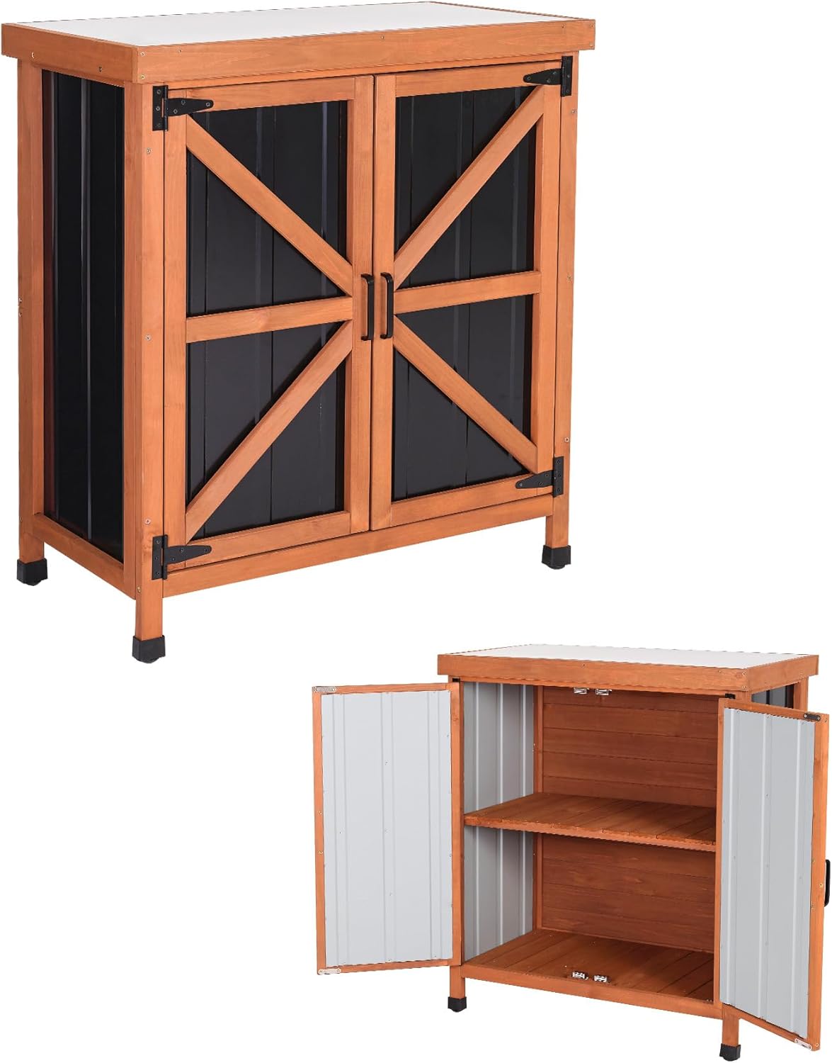 Outdoor Storage Cabinet, 31.5"×17.7"×33.3" in Wood Garden Tool Shed with Rustproof Metal Top, Potting Bench for Patio, Backyard, Pool & Garage, Organizer with Shelves