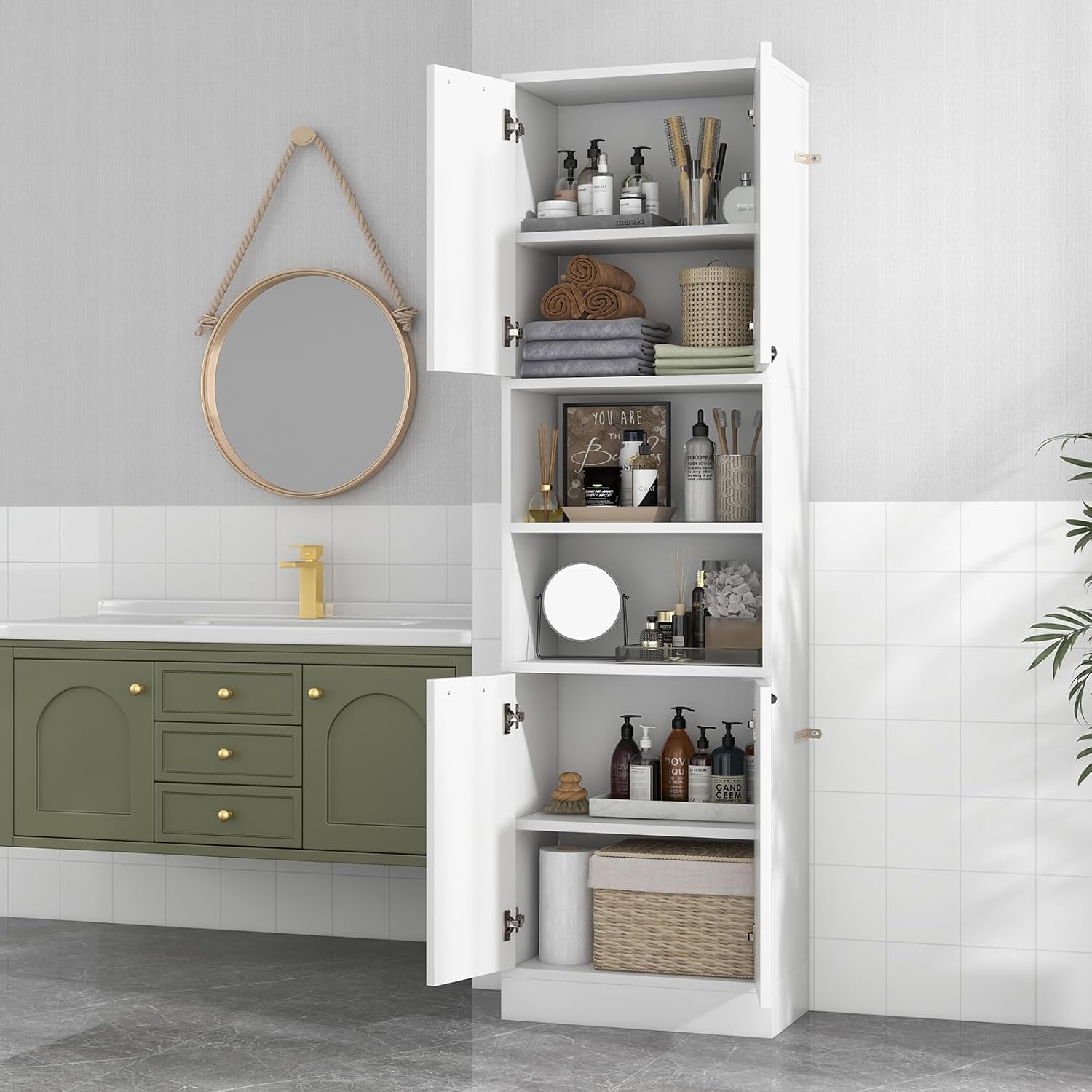 75” Kitchen Pantry Cabinet, Tall Freestanding Kitchen Hutch with 4 Doors, 2 Open Shelves & 4 Anti-Tipping Devices, Bathroom Storage Cabinet for Living Room, Dining Room (White)
