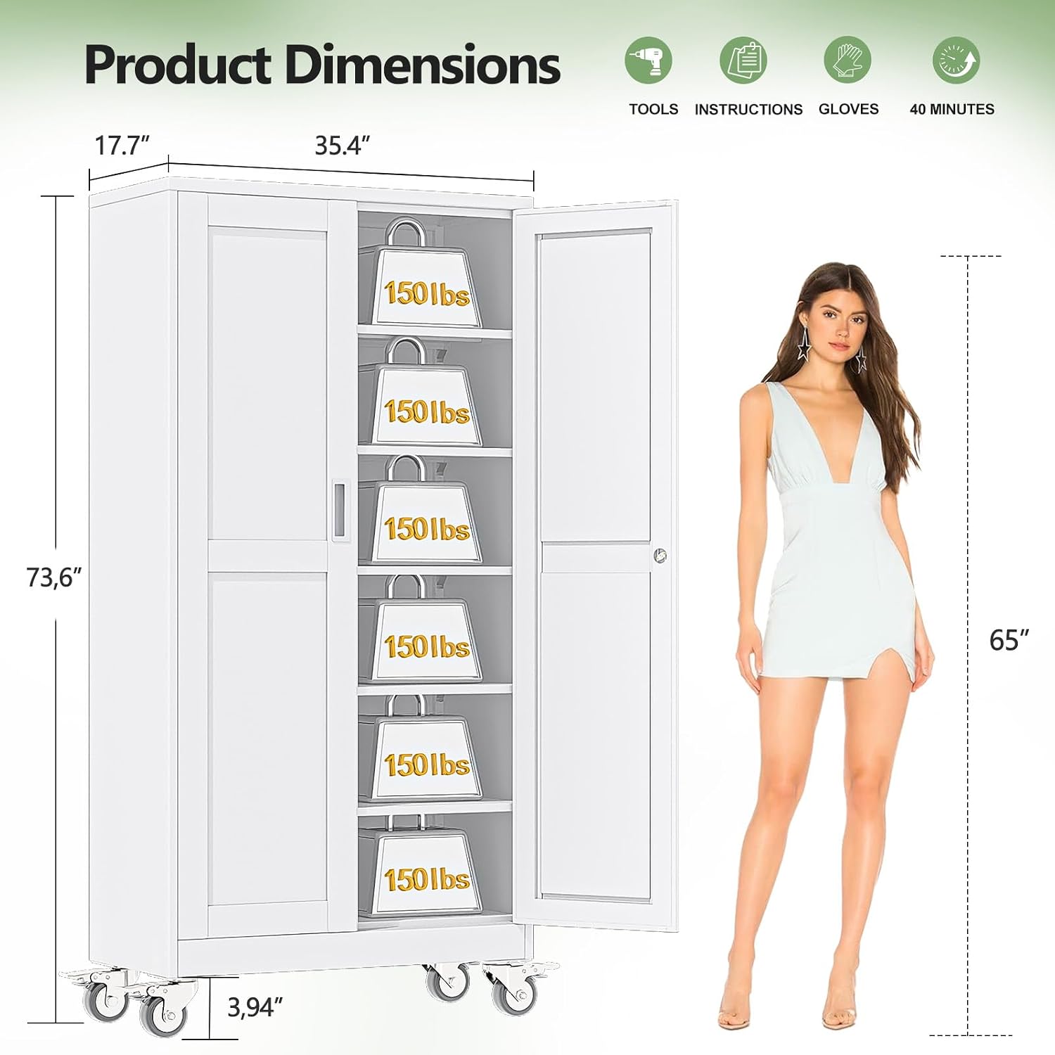 Metal Garage Storage Cabinets and storage system, 74”Tall Rolling utility cabinet with Wheels, Lock, 5 Adjustable Shelves, Heavy Duty Steel Tool Locker for Home Office, Utility Room, Gym,White