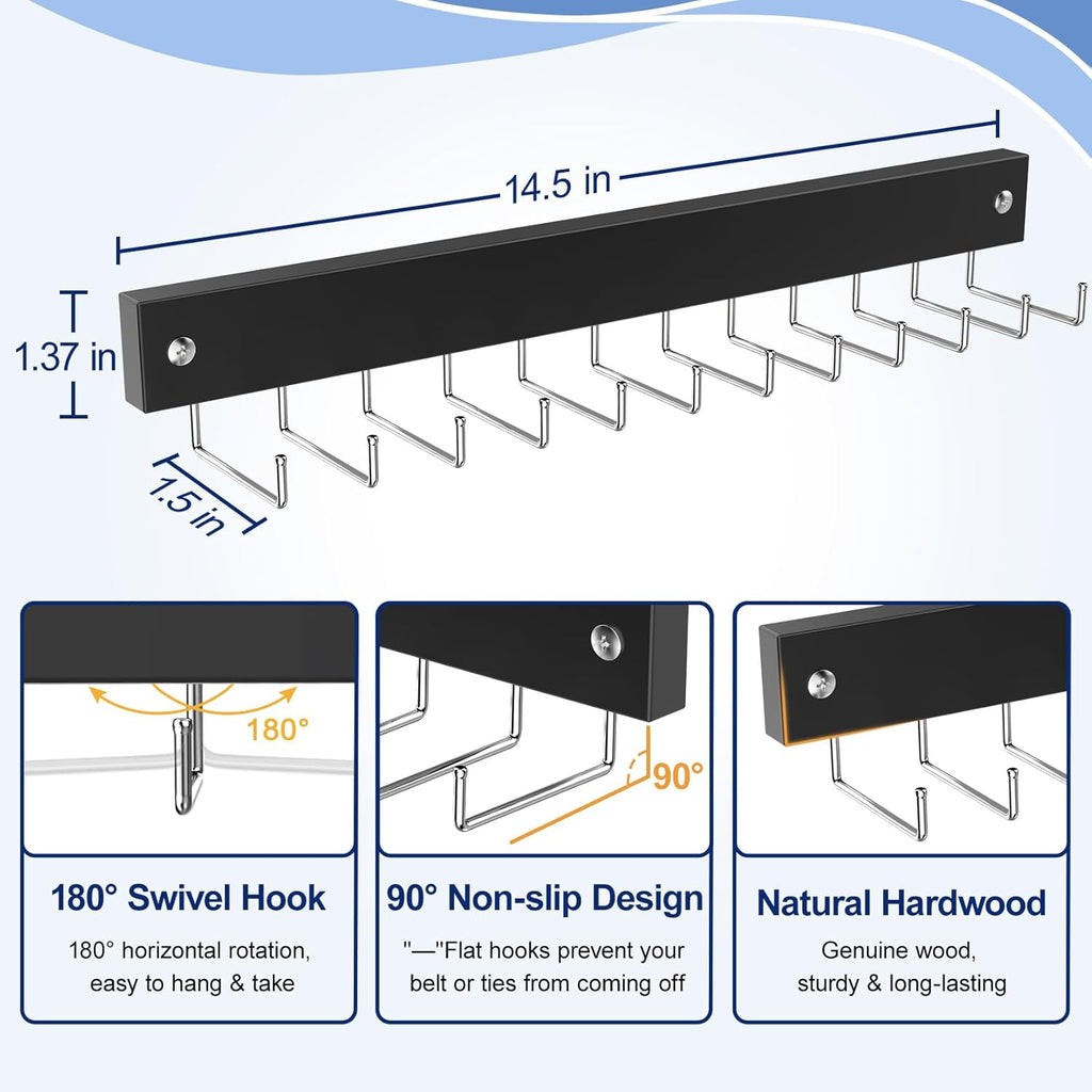 2 Pack Belt Hanger Wall Mount, Large Capacity Tie and Belt Organizer for Wall with 24 180°Rotating Non Slip Hooks, Heavy-Duty Wooden Tie Rack Space Saving Closet Organizers and Storage, Black