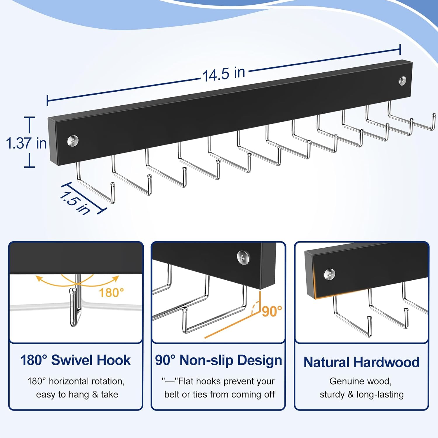 2 Pack Belt Hanger Wall Mount, Large Capacity Tie and Belt Organizer for Wall with 24 180°Rotating Non Slip Hooks, Heavy-Duty Wooden Tie Rack Space Saving Closet Organizers and Storage, Black