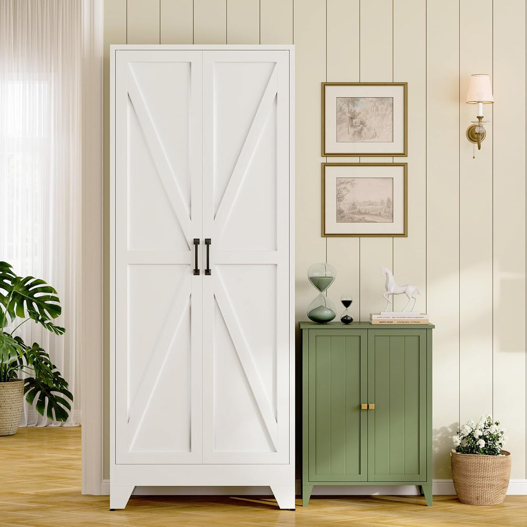 RAVIGIN Farmhouse Storage Cabinet,72" H Metal Pantry Cabinet with Barn Doors and Adjustable Shelves,72" H 6-Tier Rustic Pantry Organizers for Kitchen,Dining Room,White