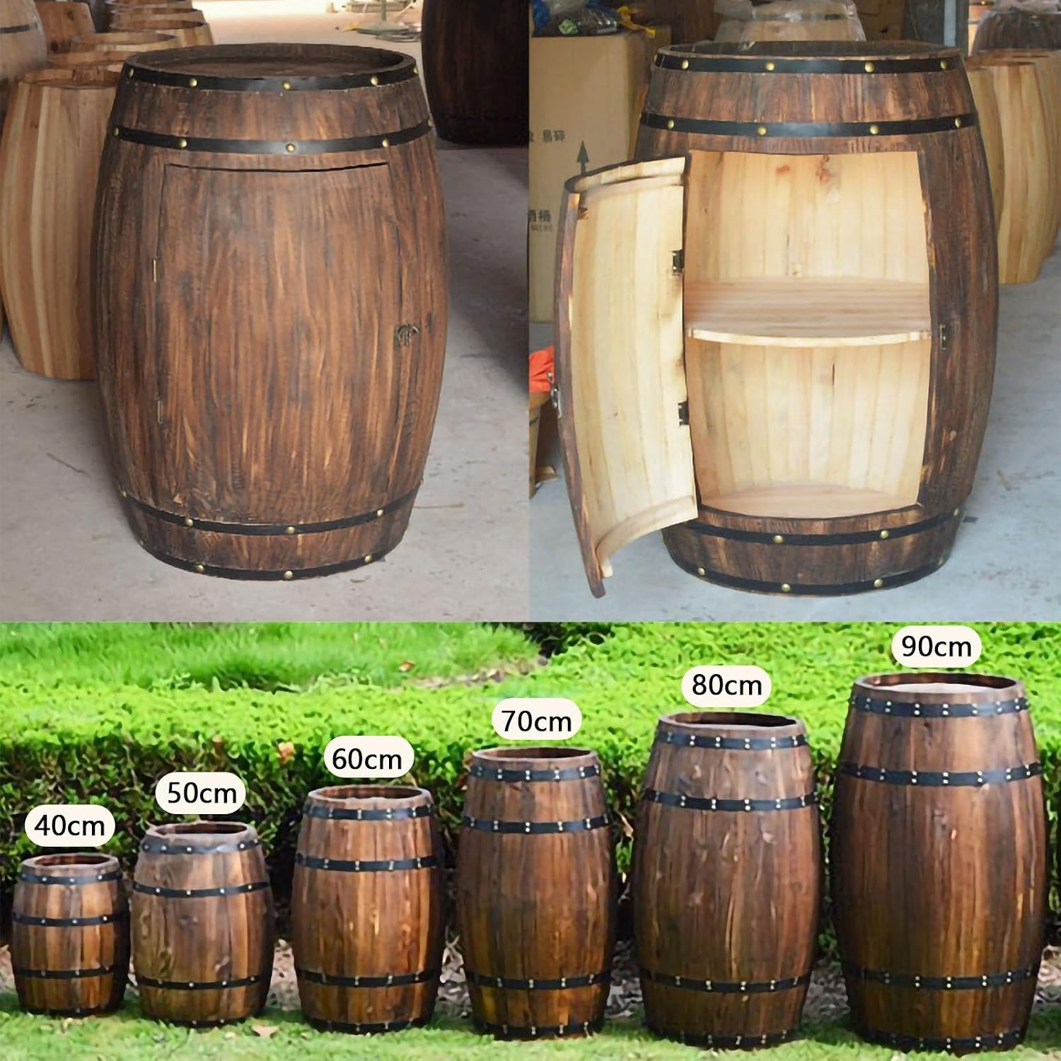 Rustic Wooden Wine Barrel Table - 2-Tier Display Cabinet with Door, Stylish Accent Piece for Home Bars, Breweries, Living Room & Garden Decor(40cm/15.7in)