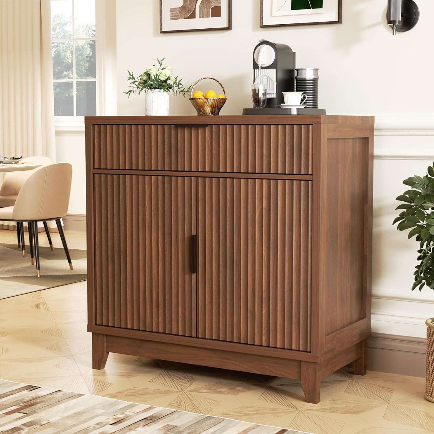 Vabches Fluted Sideboard Buffet Cabinet with Storage, 32" Coffee Bar Console Table with Drawer, Fluted Doors & Adjustable Shelf, Wood Small Buffet Cabinet for Living Room, Kitchen Dining Room, Brown