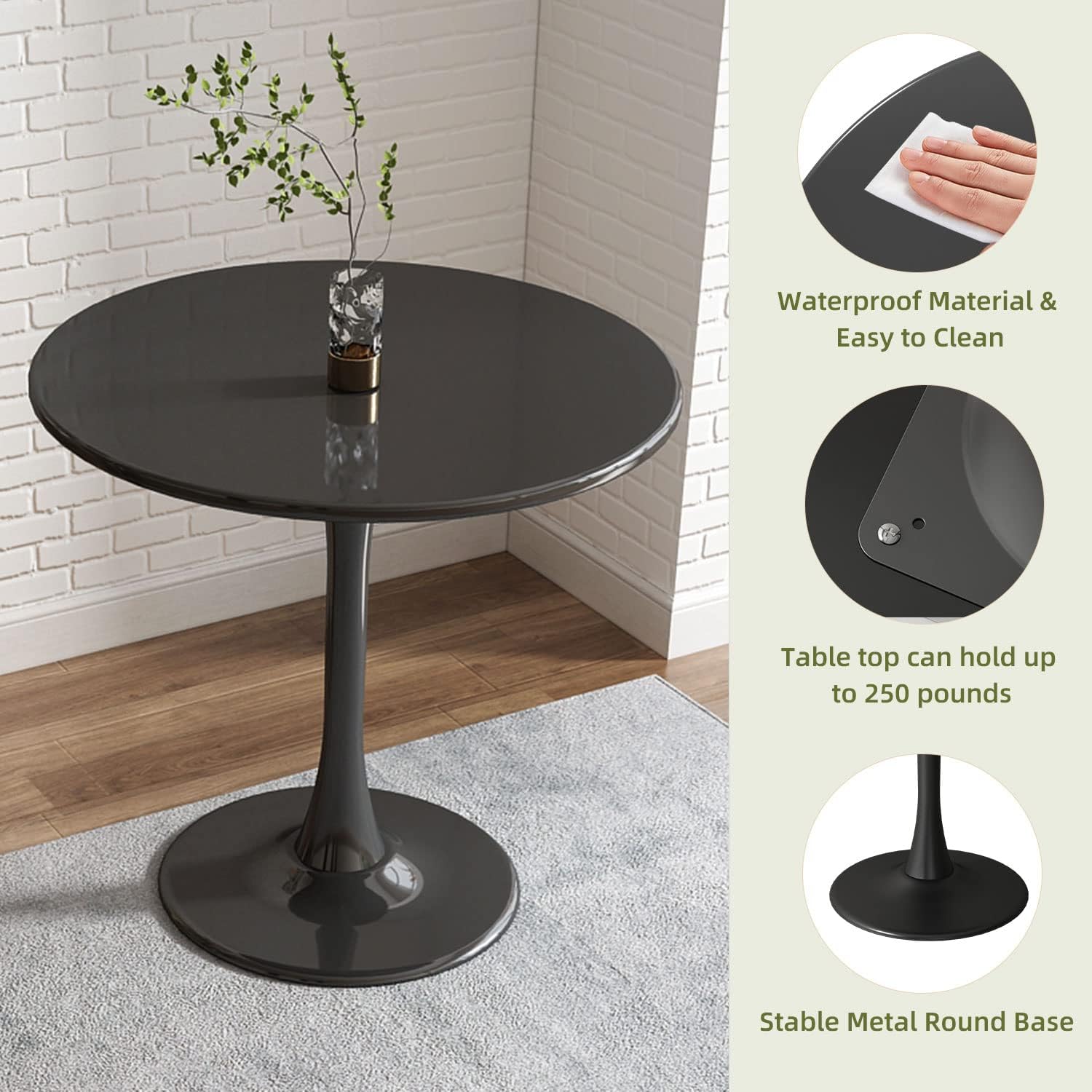 Round Dining Table 31.5" Circle Tulip Table with Wood Thickened Tabletop & Sturdy Metal Pedestal Mid Century Modern Leisure Bistro Kitchen Tables 4 People Small Places Living Room Cafe,Black