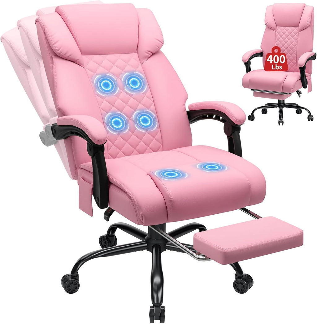 HOFFREE 400lbs Massage Office Chair with Foot Rest 6 Points Vibration Ergonomic Executive Office Chair Reclining High Back Computer Desk Chairs Pink
