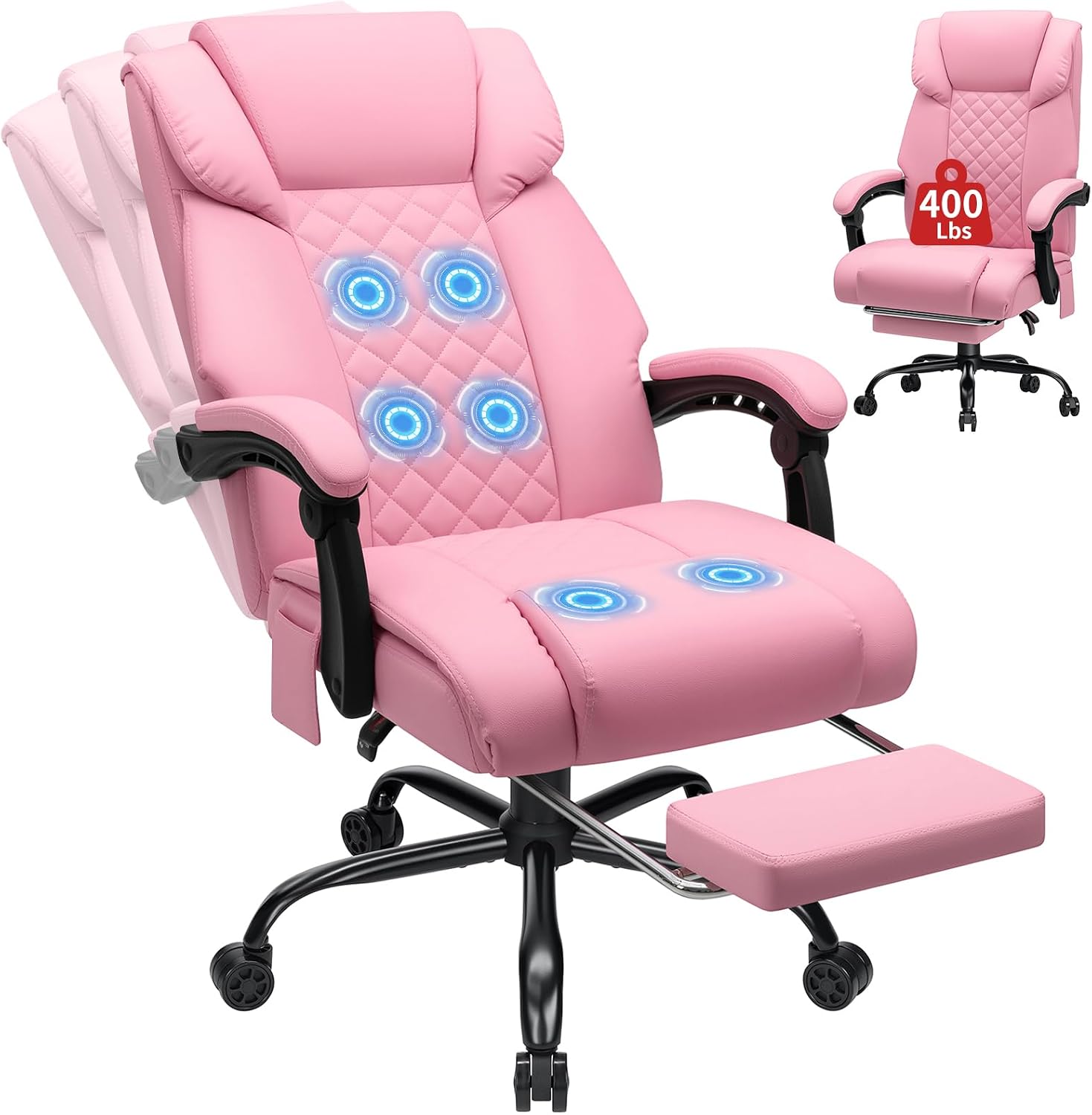 HOFFREE 400lbs Massage Office Chair with Foot Rest 6 Points Vibration Ergonomic Executive Office Chair Reclining High Back Computer Desk Chairs Pink