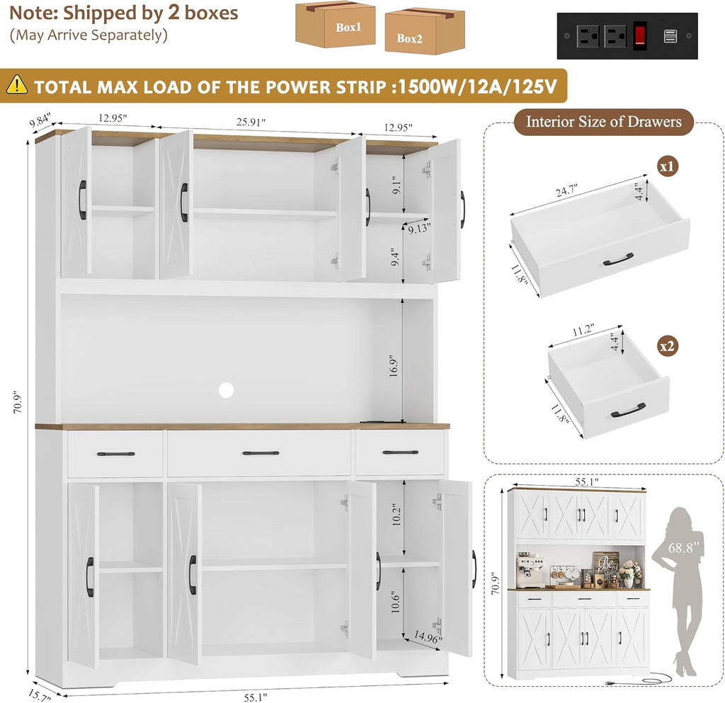 Large Pantry Cabinet with Charging Station and Power Outlet, 71" Tall Kitchen Hutch with Drawers and Countertop, Wide Freestanding Food Storage Cupboard, White