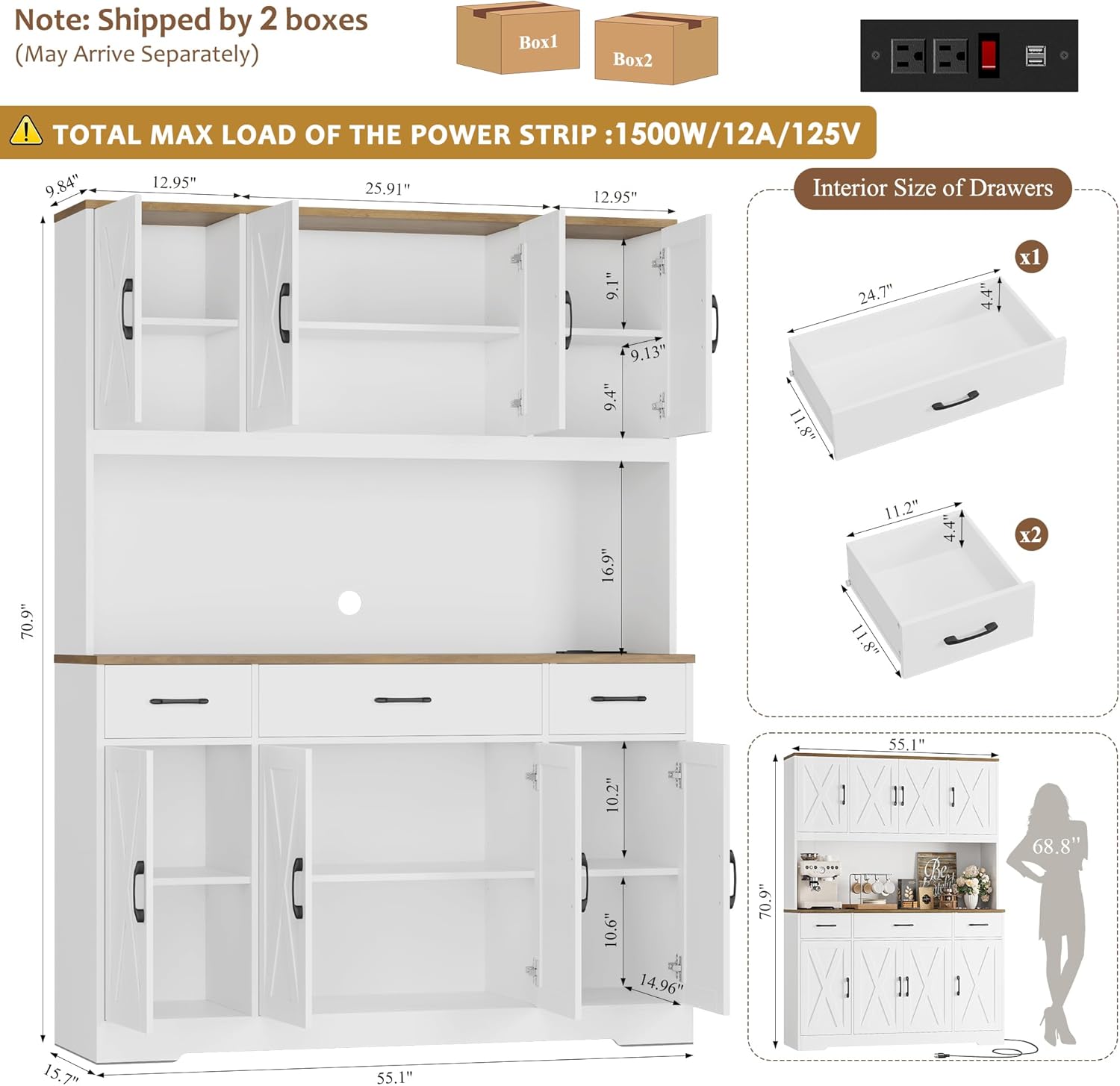 Large Pantry Cabinet with Charging Station and Power Outlet, 71" Tall Kitchen Hutch with Drawers and Countertop, Wide Freestanding Food Storage Cupboard, White