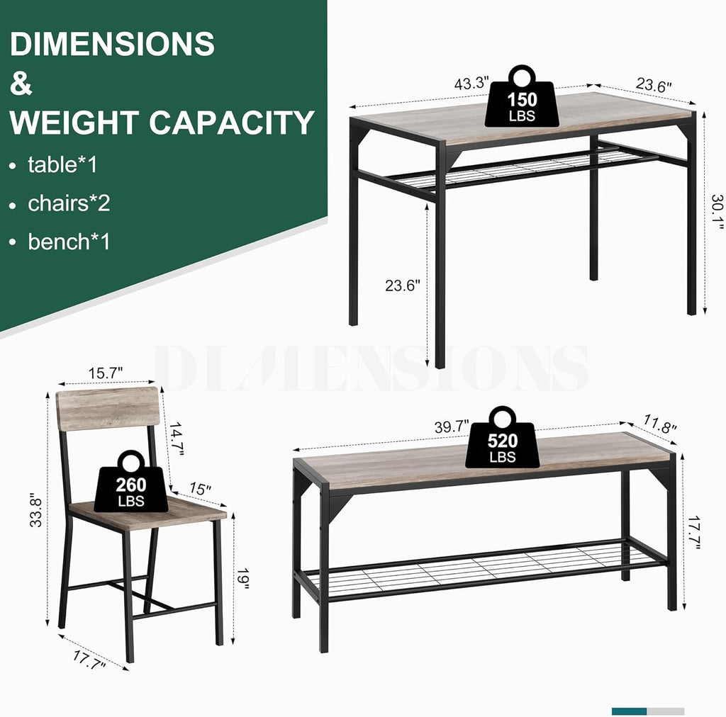 Shintenchi Kitchen Table Chairs Set of 4, Dining Table Set for 4 with Bench and Chairs, 4 Pieces Kitchen Table Set with Storage Rack & Metal Frame for Small Space, Gray