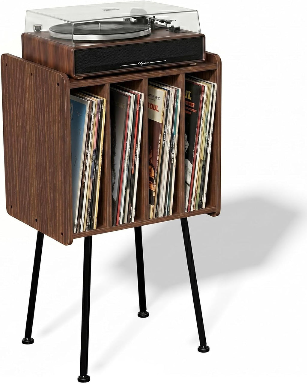 Faesun Record Player Stand, Record Table with 4 Cabinets Up to 100 Albums, Mid Century Modern Record Stand, Vinyl Record Storage for Living Room, Bedroom, Walnut