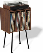 Faesun Record Player Stand, Record Table with 4 Cabinets Up to 100 Albums, Mid Century Modern Record Stand, Vinyl Record Storage for Living Room, Bedroom, Walnut