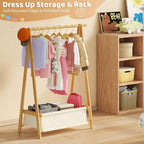 Dress Up Rack - Clothing Rack with Storage Box, Dress Up Storage, Small Foldable Bamboo Garment Stand with Hanging Rods, Dress Up Holder