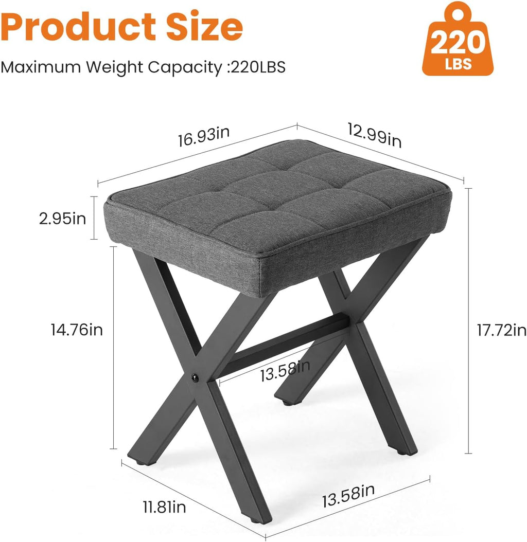 Sweetcrispy Vanity Stool Ottoman, Square Linen Makeup Stool Metal X Legs, Small Footstool Chair for Vanity, Modern Padded Seat Foot Rest for Makeup Room, Bathroom,Living Room, Entryway, Gray