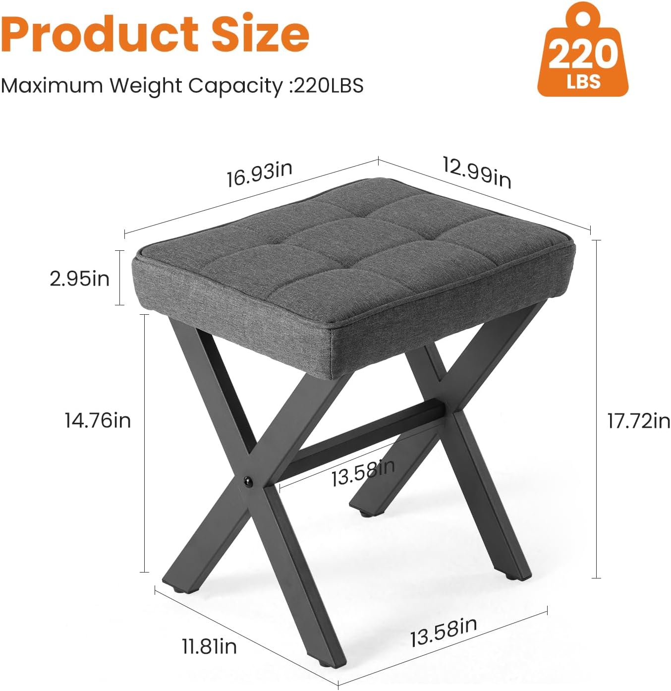 Sweetcrispy Vanity Stool Ottoman, Square Linen Makeup Stool Metal X Legs, Small Footstool Chair for Vanity, Modern Padded Seat Foot Rest for Makeup Room, Bathroom,Living Room, Entryway, Gray