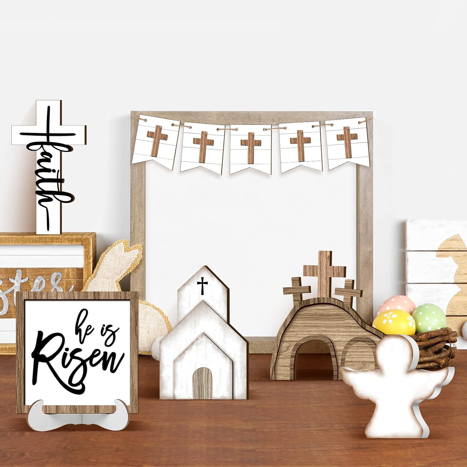 Jetec 12 Pcs Easter Decorations for Home Easter Tiered Tray Decor Set Christian He Is Risen Tray Decor Cross Wooden Sign Rustic Farmhouse Spring Table Religious Tabletop Farmhouse for Home Kitchen