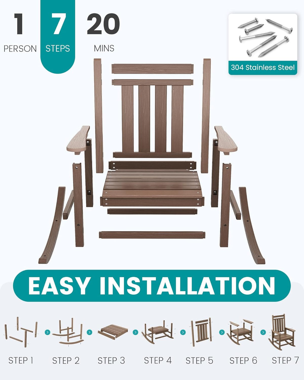 SERWALL Outdoor Rocking Chair Set of 2, HDPE Rocking Chair for Adults, All Weather Porch Rocker for Lawn Garden, Unique Color Matching Each Chair Varies, Multi-Tone Brown