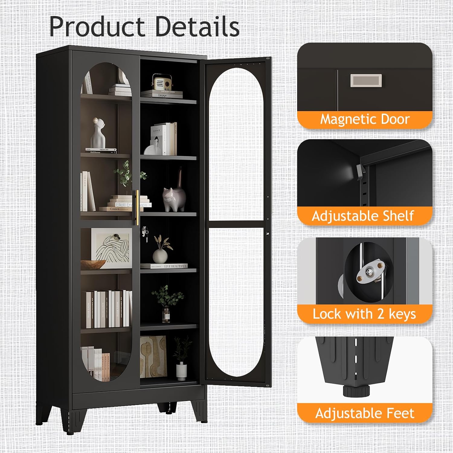 PAOFIN 75" H Locking Display Cabinet with Glass Door, Metal Curio Cabinets with 5 Adjustable Shelves, Tall Liquor Cabinet Display Case for Living Room, Wine, Clinic, Home - Assembly Required Black