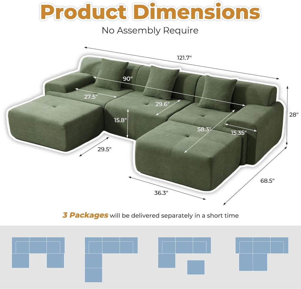 122" U Shaped Boneless Modular Sectional Sofa, Oversized 5-Seater Full Sponge Cloud Couch with Movable Ottoman, Corduroy Upholstery Couches for Living Room, No Assembly, Green