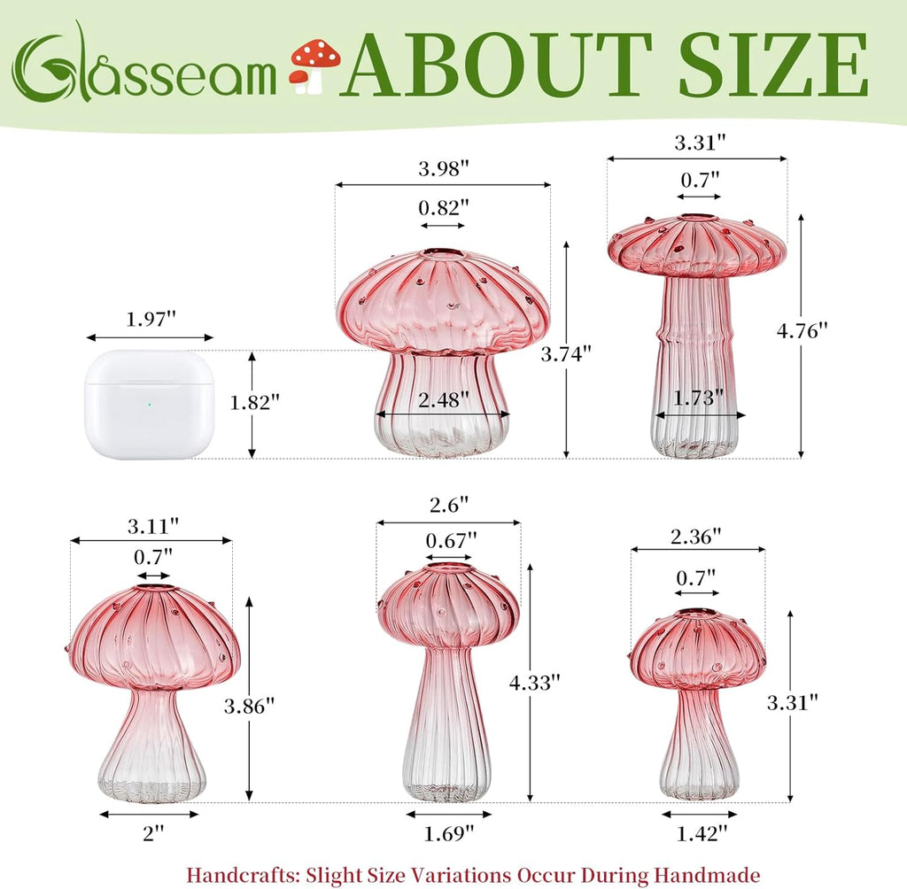 Glasseam Pink Glass Mushroom Vase: Cute Small Flower Vase Set of 10 Unique Mini Bud Vases for Centerpieces Decorative Vases for Flowers Funky Plant Vase Decor
