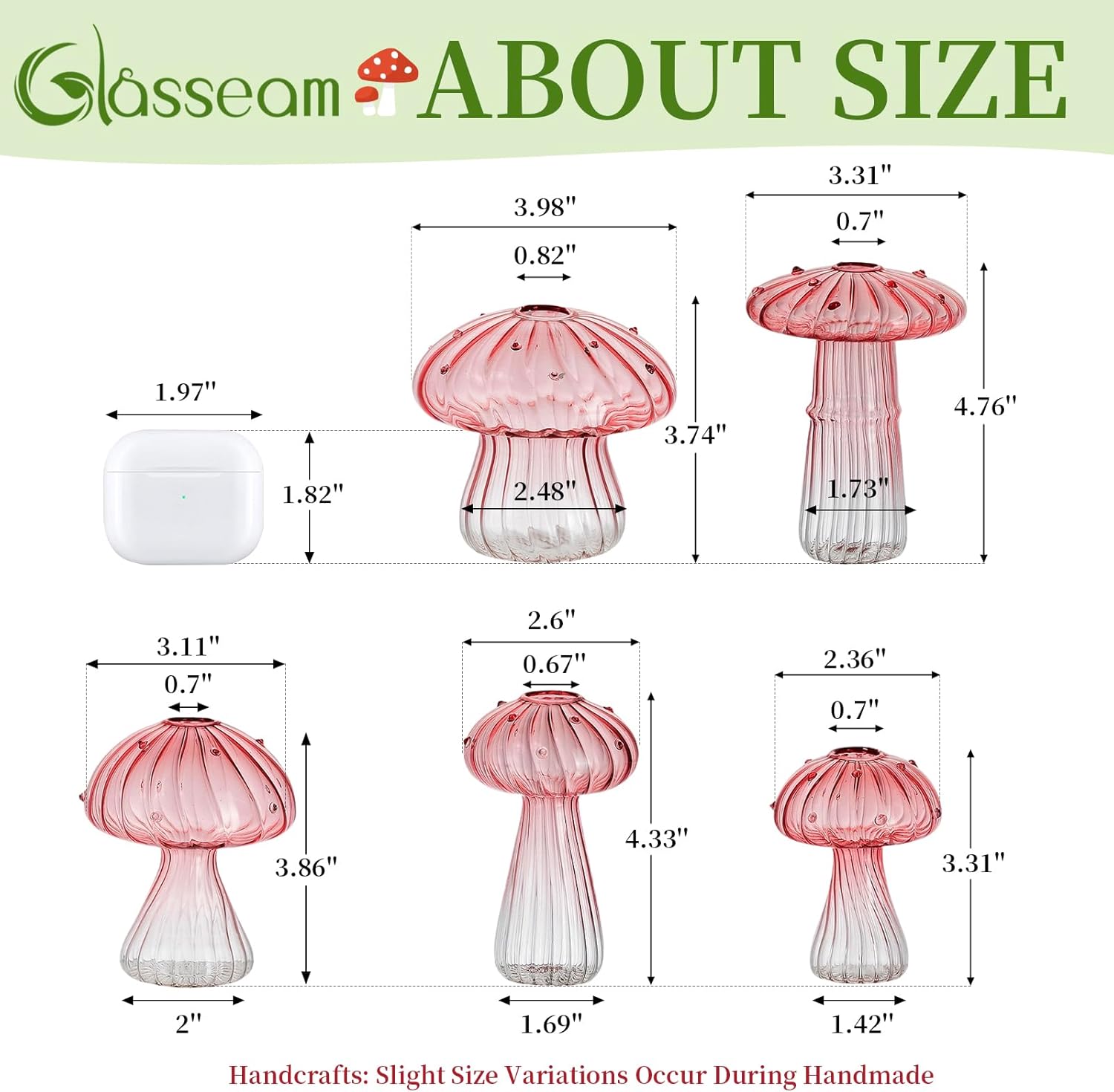 Glasseam Pink Glass Mushroom Vase: Cute Small Flower Vase Set of 10 Unique Mini Bud Vases for Centerpieces Decorative Vases for Flowers Funky Plant Vase Decor
