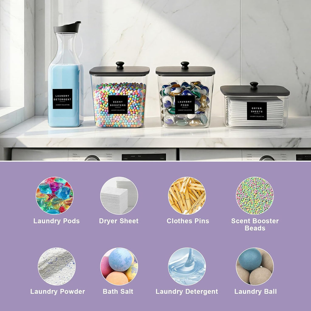 POLRAI Laundry Pod Containers and Dryer Sheet Holder and Laundry Detergent Dispenser Clear Laundry Room Organization and Storage with Wooden Lids Labels and spoon （2+1+1 Pack）
