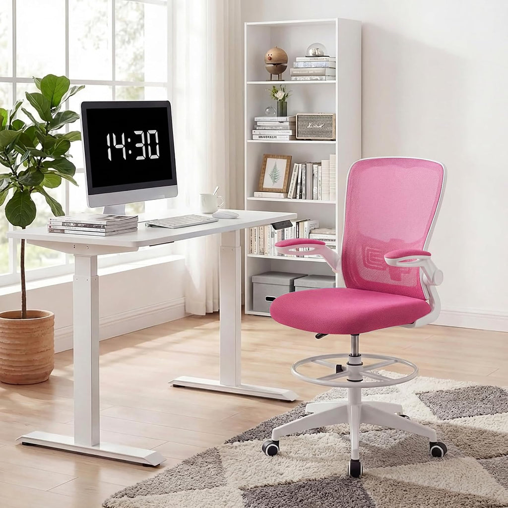 POWERSTONE Drafting Chair, Ergonomic Tall Office Chair for Standing Desk with 3IN Thick Cushion, Flip-up Arm, Adjustable Back Support & Footrest Workbench Rolling Stool Computer Chair (Rose Red 1PCS)