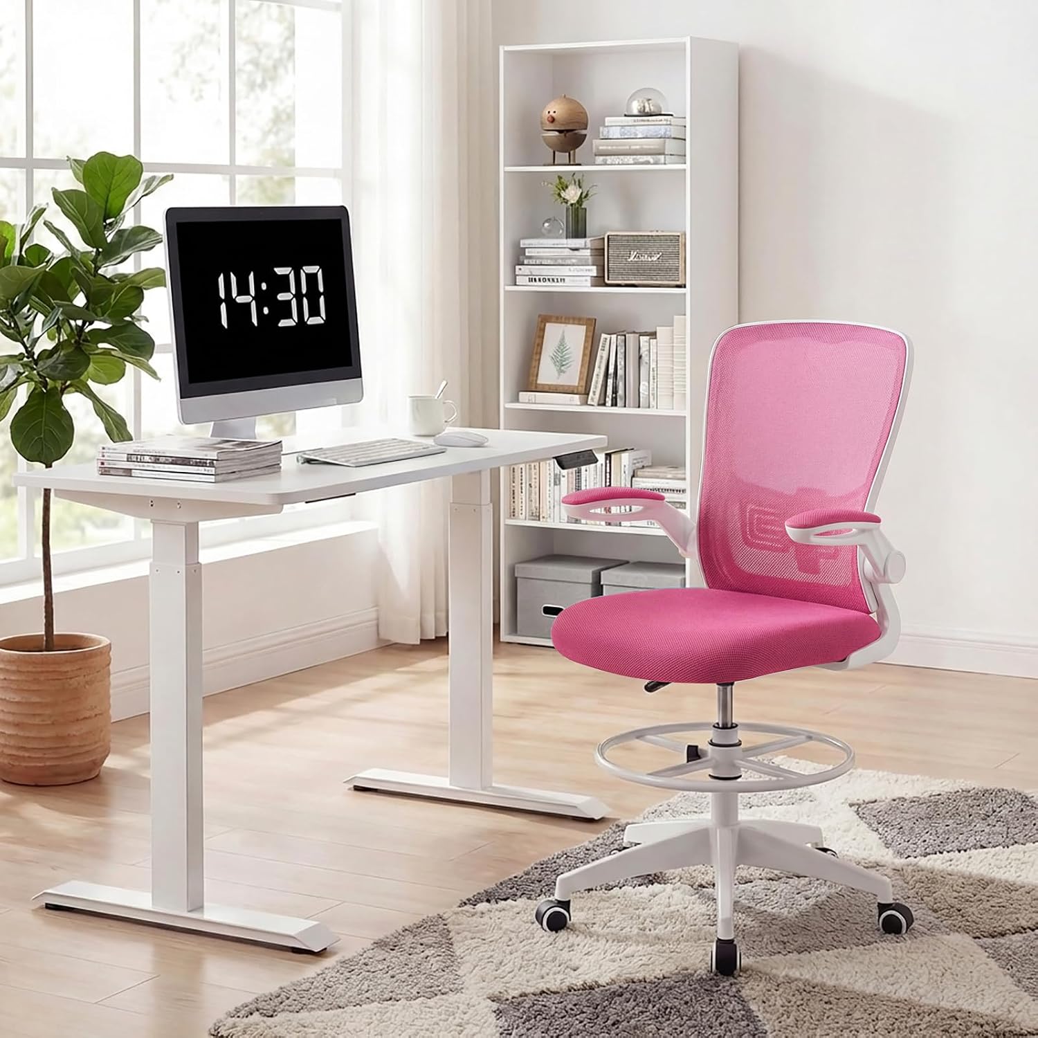 POWERSTONE Drafting Chair, Ergonomic Tall Office Chair for Standing Desk with 3IN Thick Cushion, Flip-up Arm, Adjustable Back Support & Footrest Workbench Rolling Stool Computer Chair (Rose Red 1PCS)