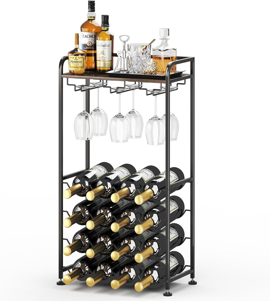 Freestanding Floor Wine Rack,16 Bottles Wine Shelf for Kitchen,Dining Room,Home,Office, Bar,Perfect Combination of Wood and Metal, Easy to Install