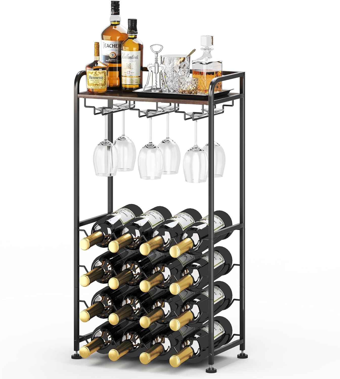 Freestanding Floor Wine Rack,16 Bottles Wine Shelf for Kitchen,Dining Room,Home,Office, Bar,Perfect Combination of Wood and Metal, Easy to Install