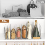 GoMaihe Bag & Purse Organizer for Closet: Adjustable Clear Handbag Storage Shelf - Plastic Clutch Dividers | Minimal | Keep Purses upright
