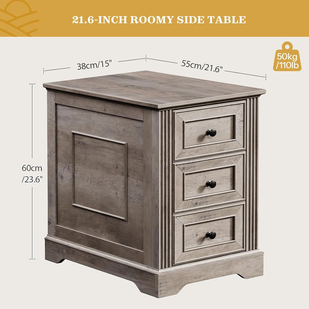 RALGEND Farmhouse End Table with 3 Drawers, Wooden Slim Nightstand, Narrow Sofa Side Table with Storage for Living Room, Bedroom, Study, Greige