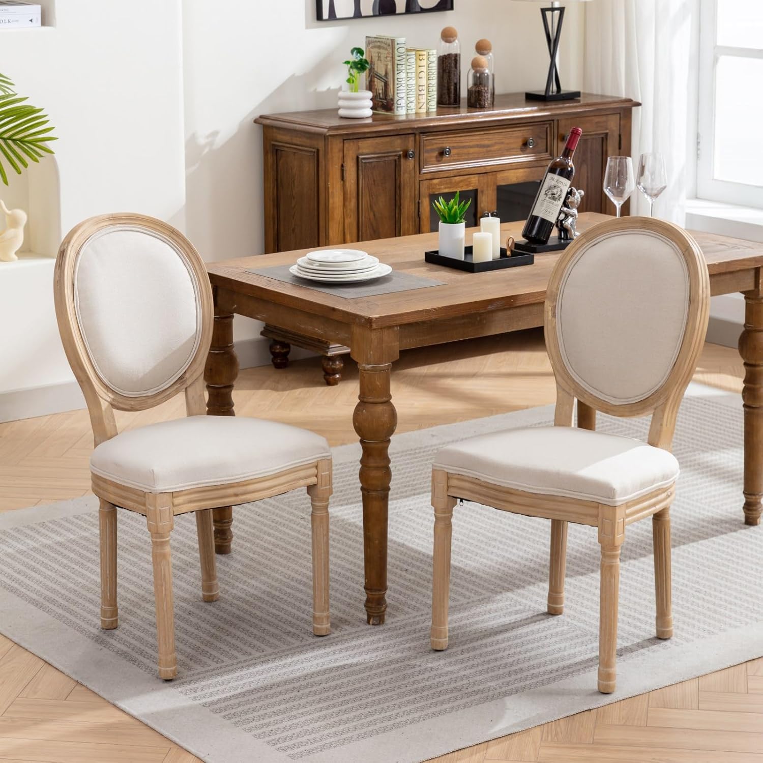 5 Piece Round Extendable Dining Table Set for 4, 43"-59" Natural Wood Oval Expanding Kitchen Table with 4 French Upholstered Chairs, Space Saving Extendable Dining Room Tables with Storage Shelf