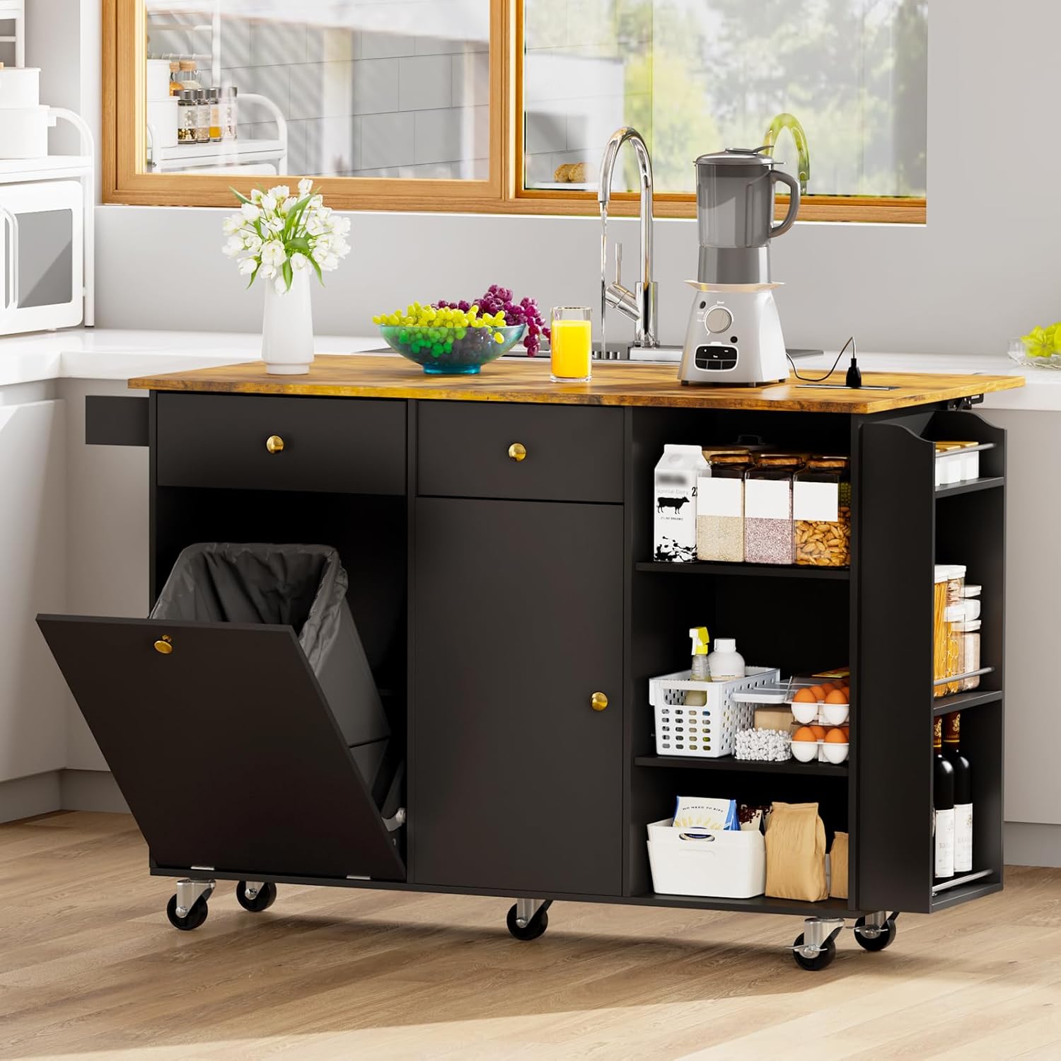 50.4" Kitchen Island with Storage,Rolling Kitchen Table with Power Outlet, Kitchen Island Cart with Folding Drop Leaf, Trash Storage Cabinet, Spice Rack, Towel Rack and Drawer-Black