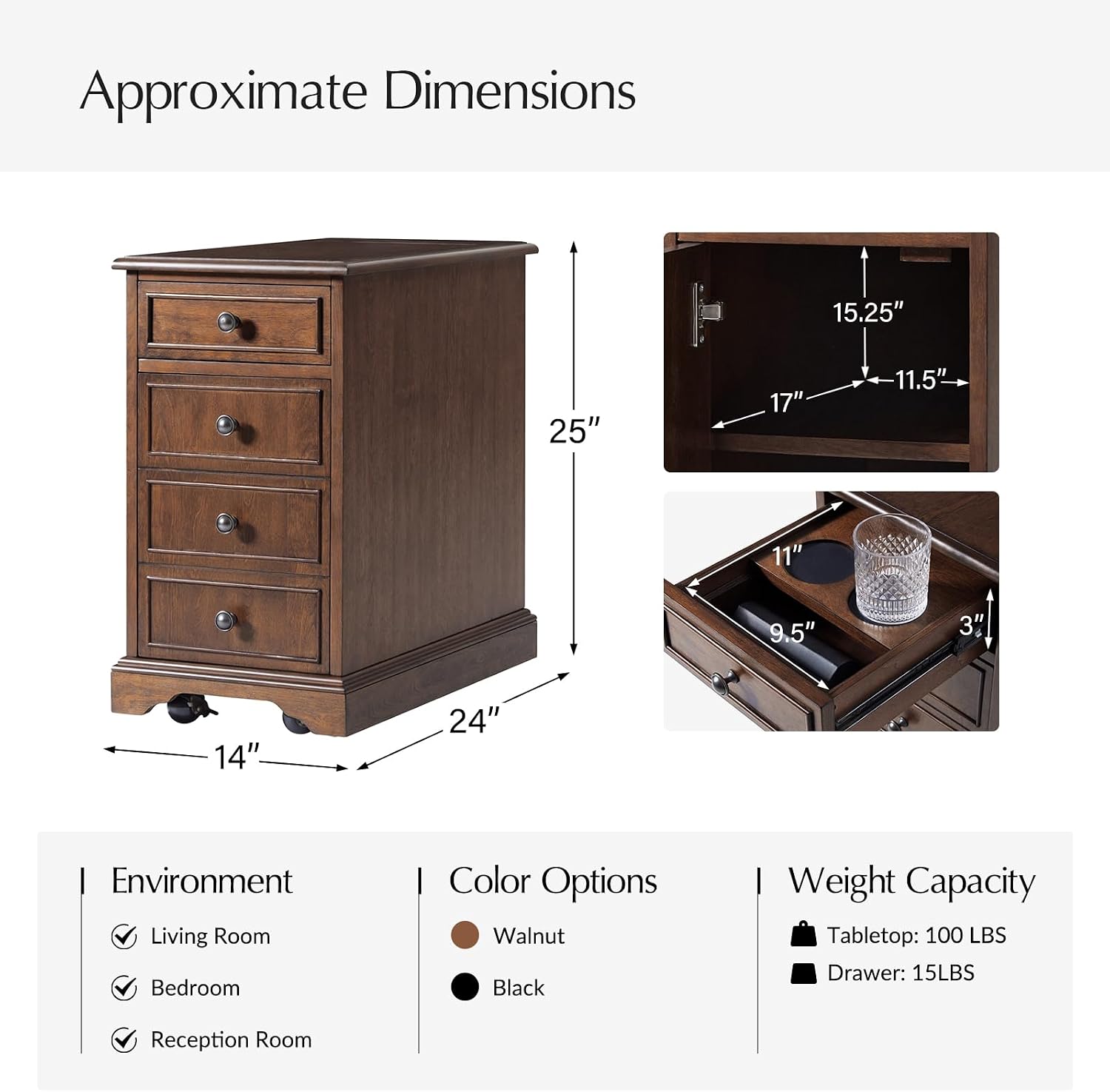 HULALA HOME Narrow End Table with Tray for Cups, Movable with Casters, Wood Traditional Bedside Table, Nightstand with Charging, Walnut