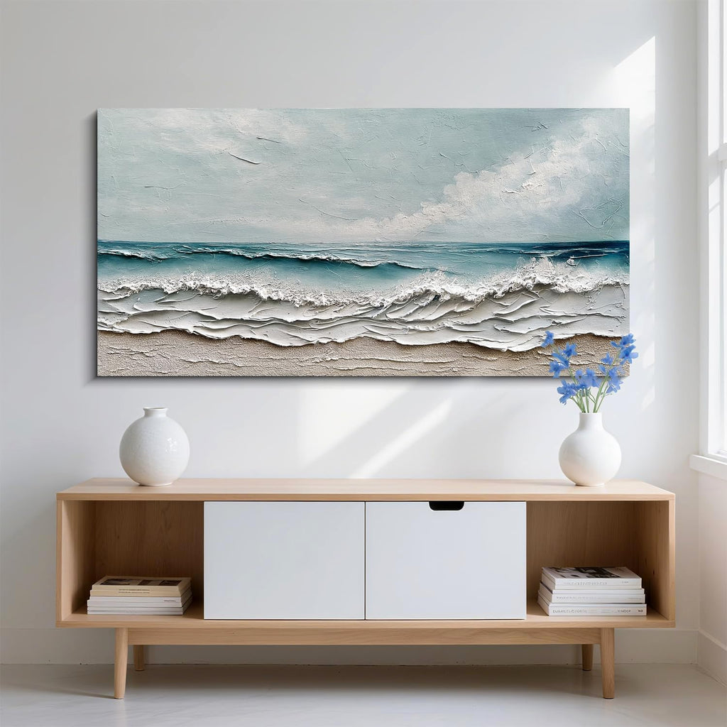 Diathou Art Hand-painted oil painting of ocean waves and sandy beach scenery, modern abstract blue landscape art, decorative wall painting for home office